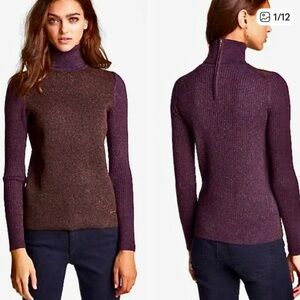 Tory Butch Metallic Wool Blend Sweater Top Zip Back Stretch Knit Size S